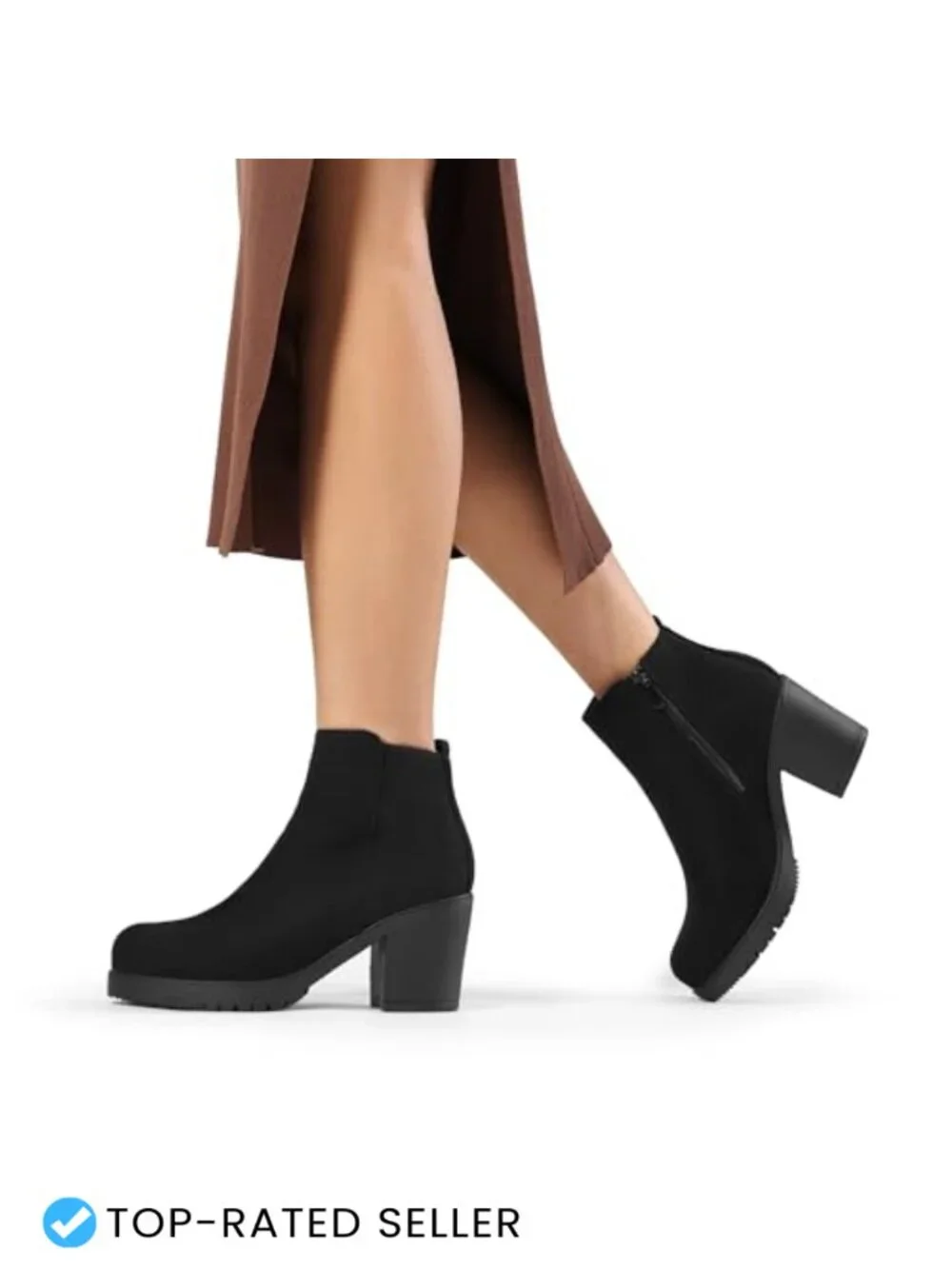 Vegan Leather Block Heel Ankle Booties with Side Zip